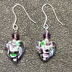 Glass Art Deco Heart Shape Dangle Wire Back Earrings